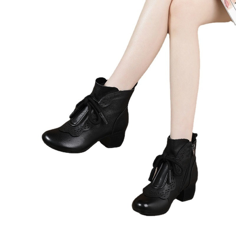 Bottes en cuir véritable souple pour femmes, style ethnique rétro