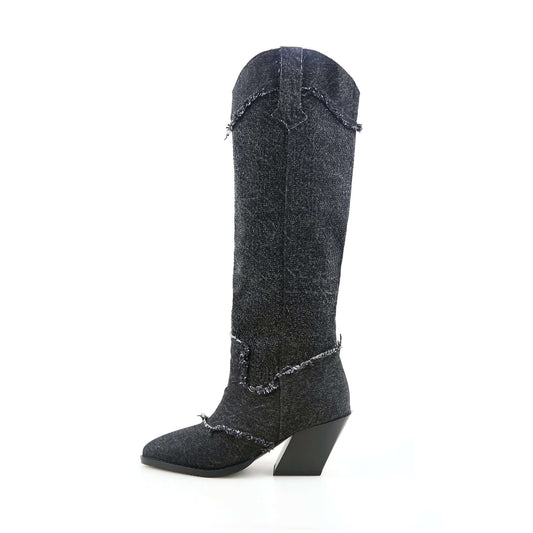 Distressed Denim Cowgirl Boots-0