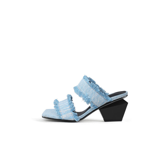 Double Strap Fringed Denim Square Toe Mules-0
