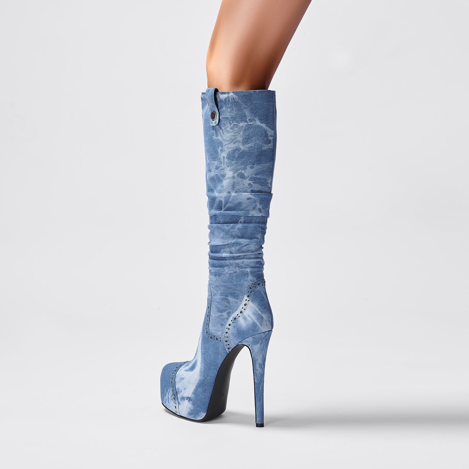Elegant Pointed Toe Knee High Denim Stiletto Boots-1