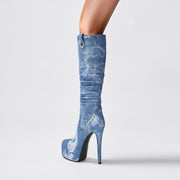 Elegant Pointed Toe Knee High Denim Stiletto Boots-1