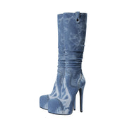 Elegant Pointed Toe Knee High Denim Stiletto Boots-3
