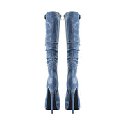 Elegant Pointed Toe Knee High Denim Stiletto Boots-4