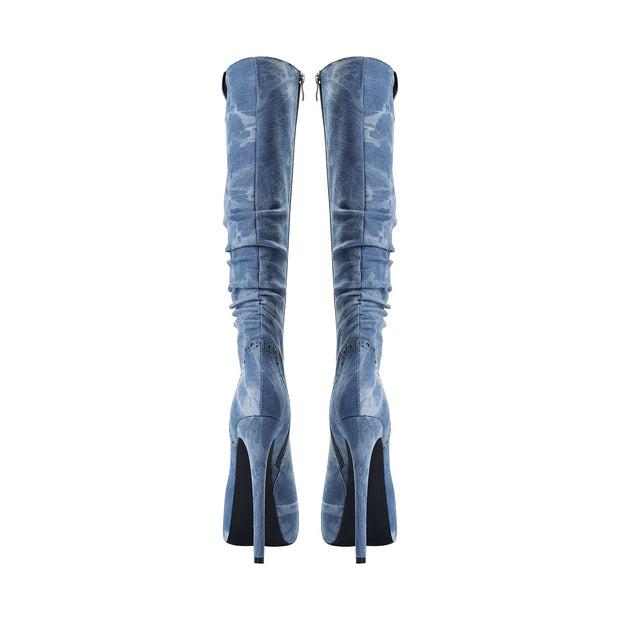 Elegant Pointed Toe Knee High Denim Stiletto Boots-4