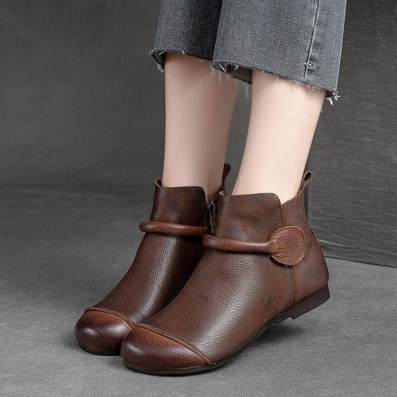 Bottes en cuir souple style rétro pour femmes, fermeture éclair latérale, tête ronde plate, bottes simples Dr Martens