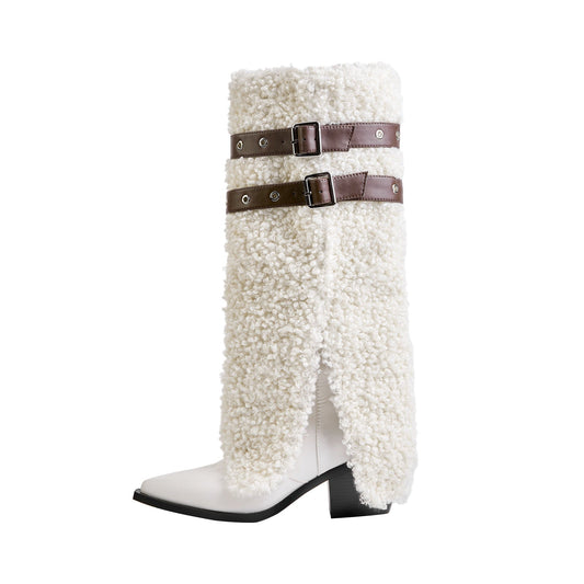 Fluffy White Panel Knee High Boots with Leather Buckles-0