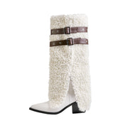 Fluffy White Panel Knee High Boots with Leather Buckles-0