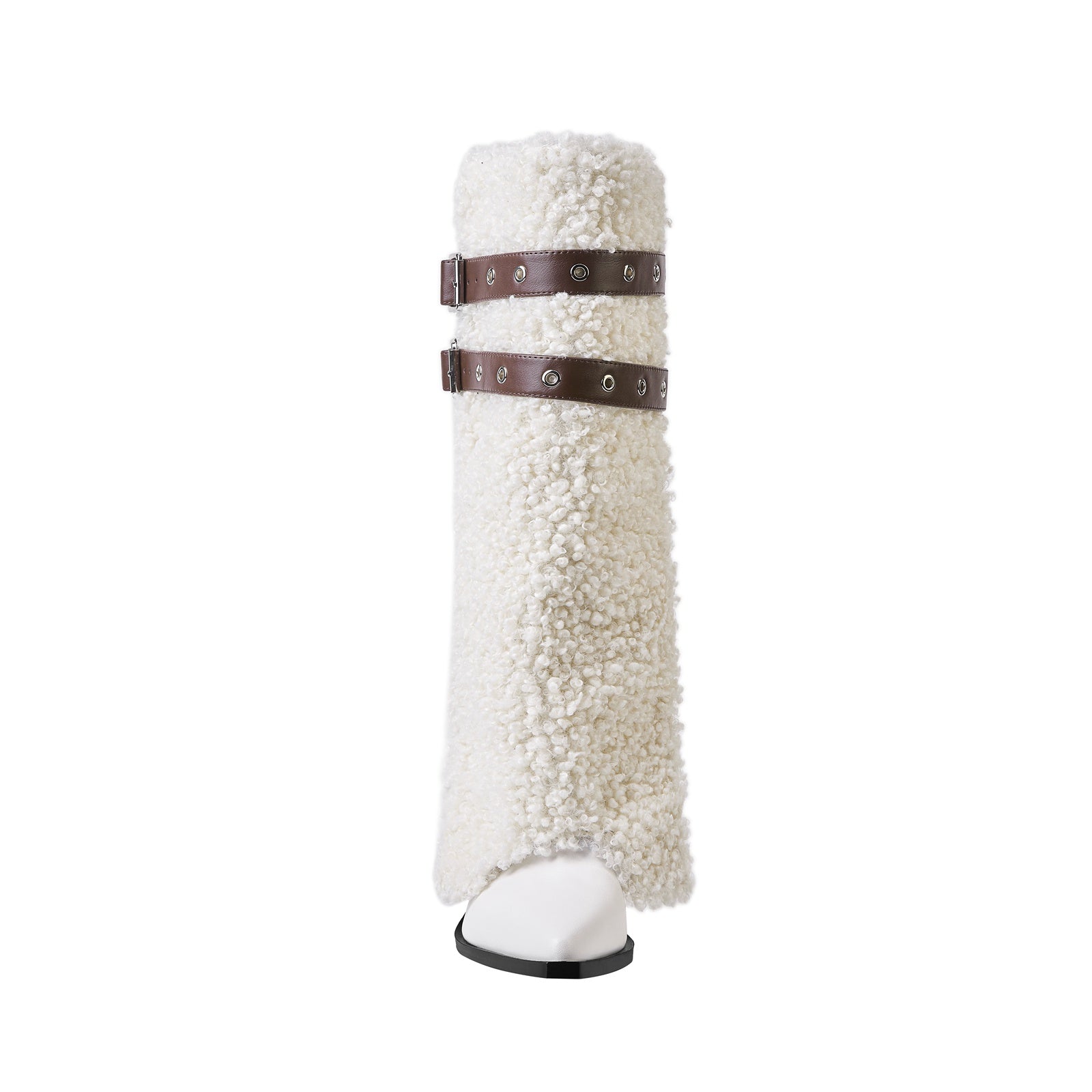Fluffy White Panel Knee High Boots with Leather Buckles-1
