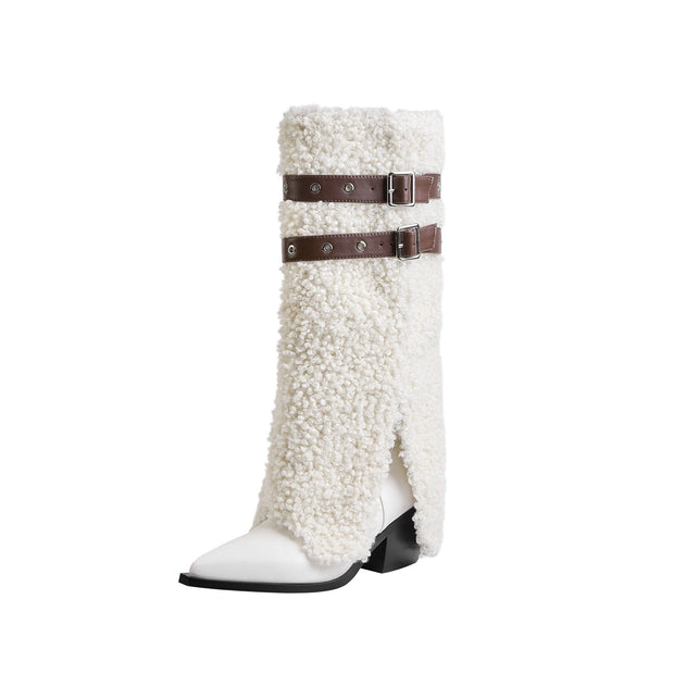 Fluffy White Panel Knee High Boots with Leather Buckles-2