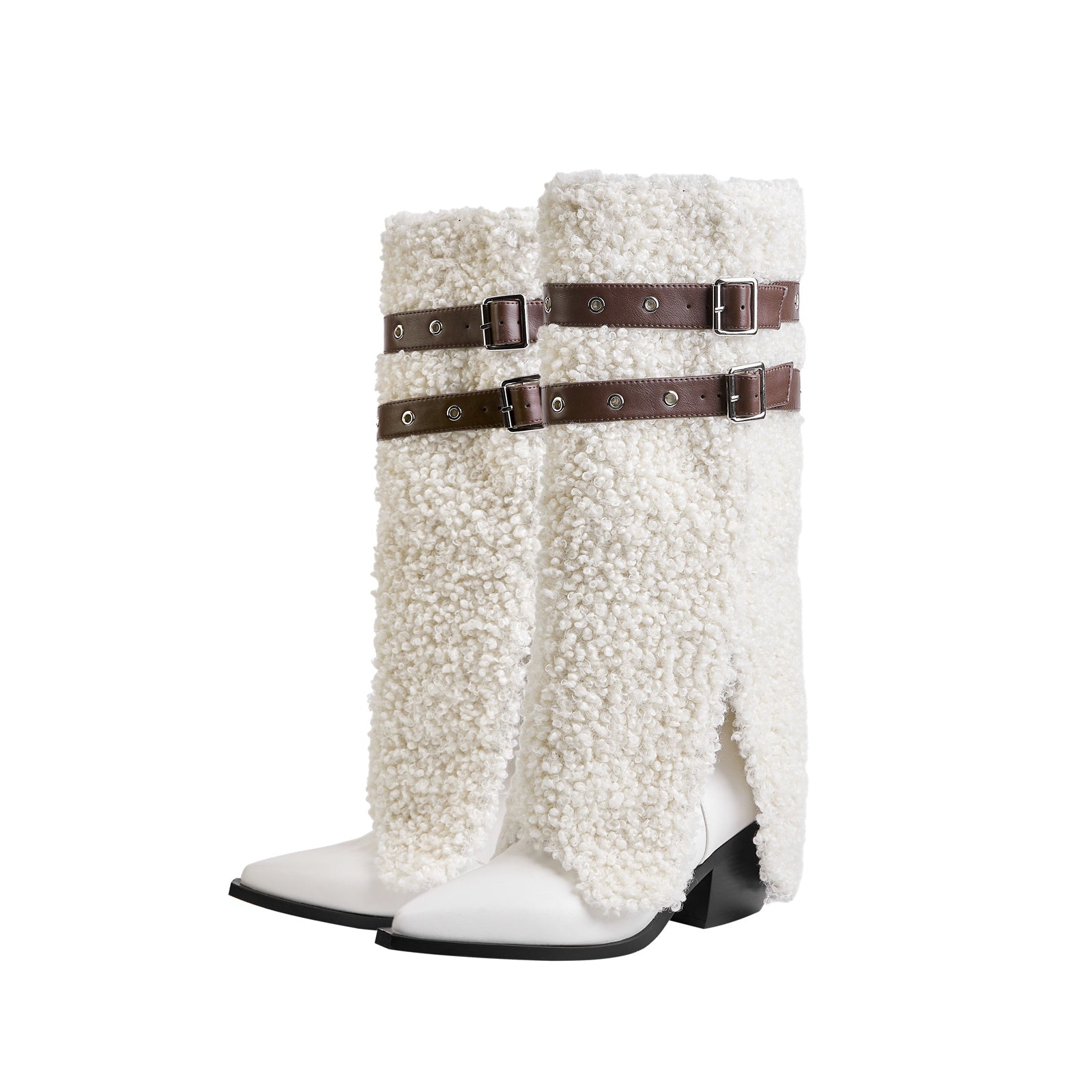 Fluffy White Panel Knee High Boots with Leather Buckles-4