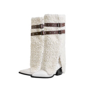 Fluffy White Panel Knee High Boots with Leather Buckles-4
