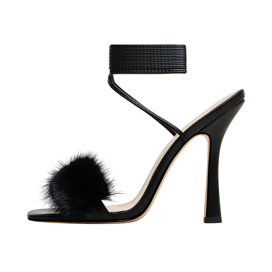 Furry Open Toe Ankle Strap Sandals-0