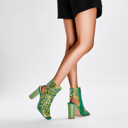 Gem Encrusted Mesh Open Toe Ankle Sandal Boots-0