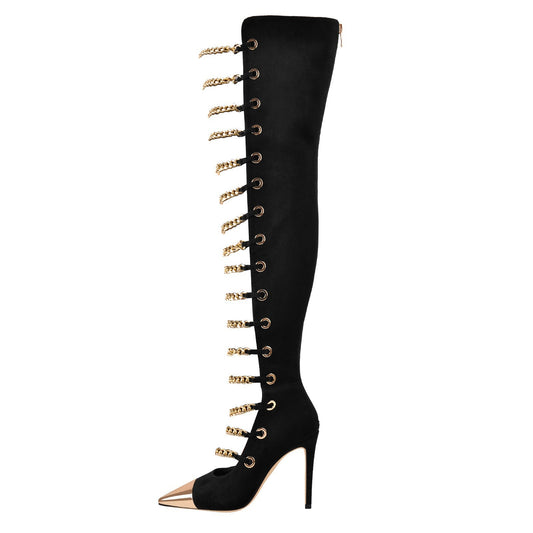 Glam Pointed Toe Gold Chain Black Knee High Boots-0