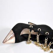 Glam Pointed Toe Gold Chain Black Knee High Boots-1