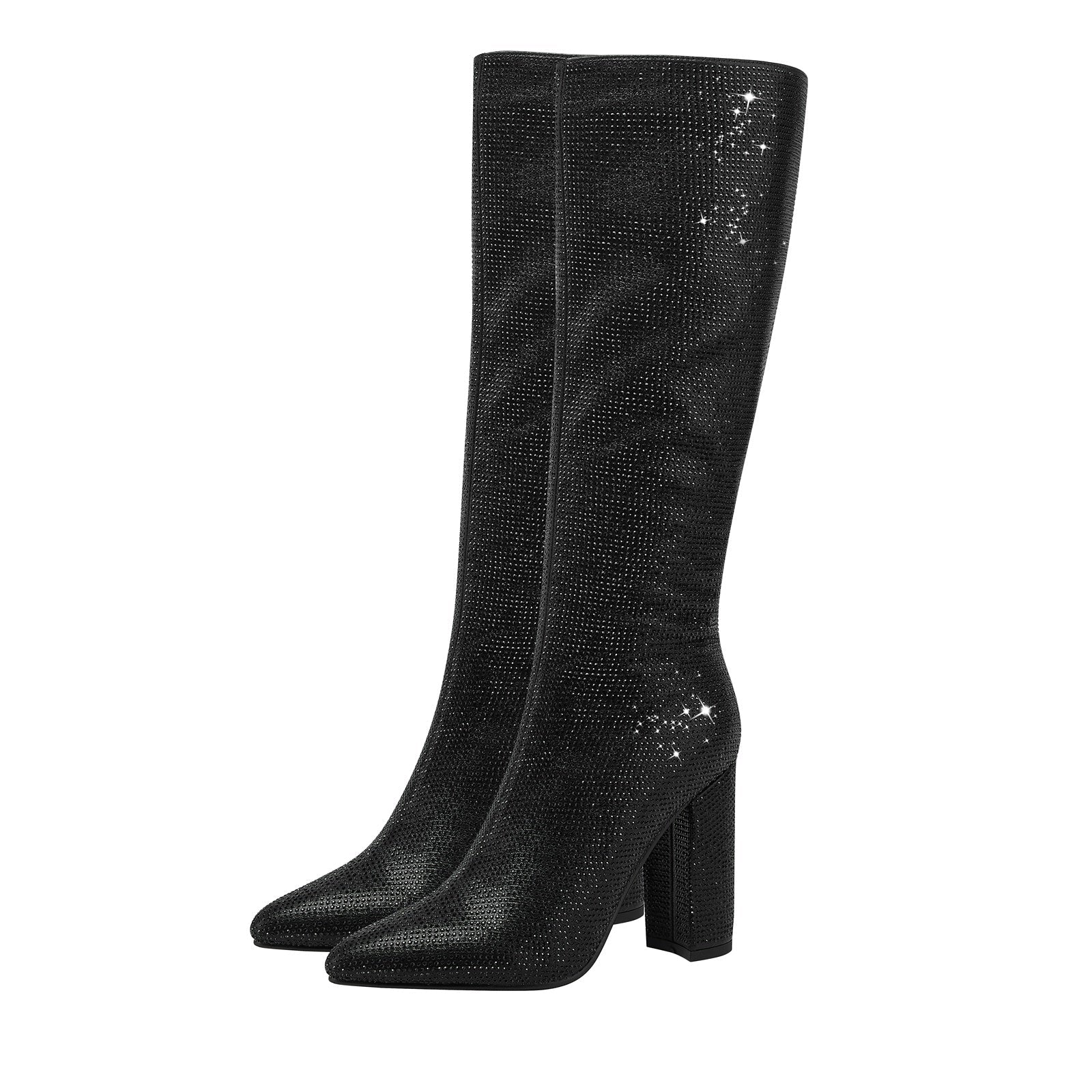 Glittery Rhinestone Pointed Toe Knee High Boots-2