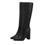 Glittery Rhinestone Pointed Toe Knee High Boots-2