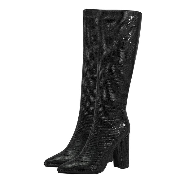 Glittery Rhinestone Pointed Toe Knee High Boots-2