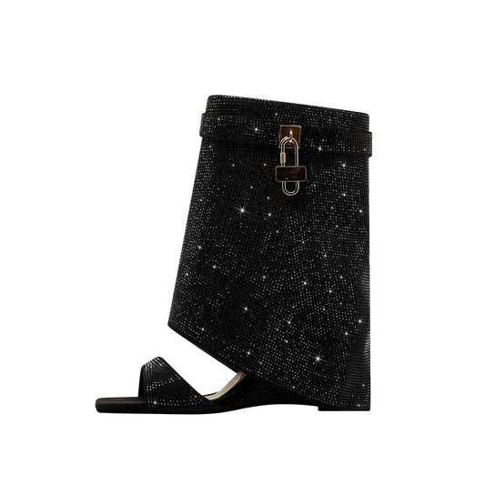 Glittery Rhinestone Square Toe Mid High Sandal Boots-0