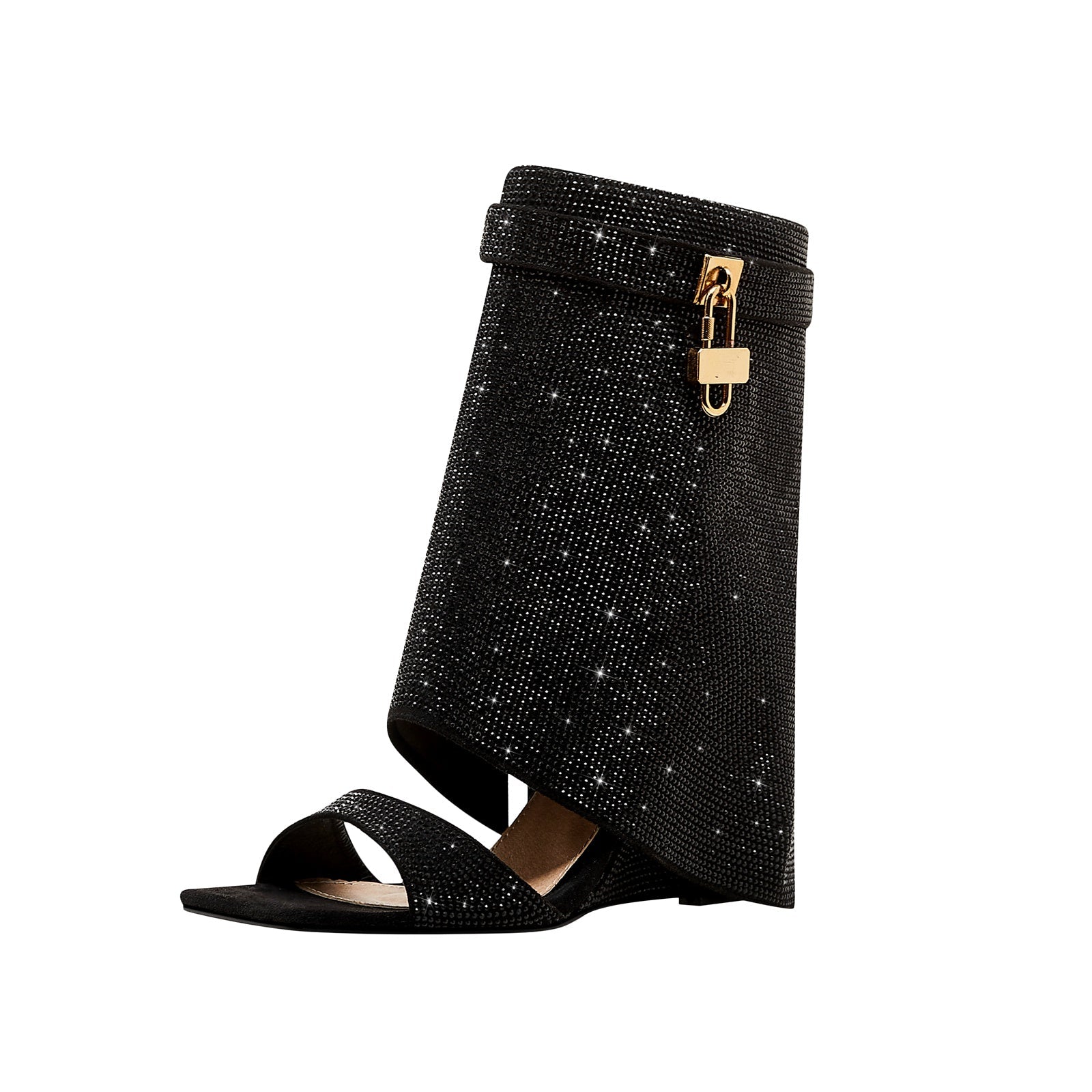 Glittery Rhinestone Square Toe Mid High Sandal Boots-1