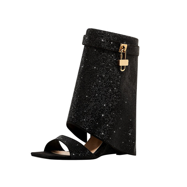 Glittery Rhinestone Square Toe Mid High Sandal Boots-1