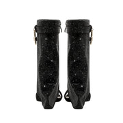 Glittery Rhinestone Square Toe Mid High Sandal Boots-3