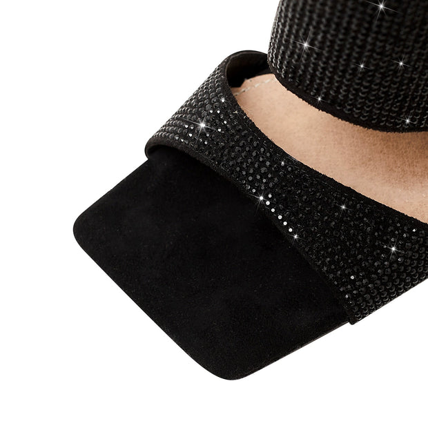 Glittery Rhinestone Square Toe Mid High Sandal Boots-4