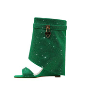Glittery Rhinestone Square Toe Mid High Sandal Boots-6
