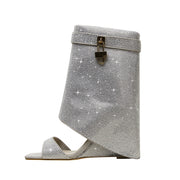 Glittery Rhinestone Square Toe Mid High Sandal Boots-7