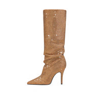 Gold and Silver Embellished Pointed Toe Knee High Boots-2