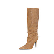 Gold and Silver Embellished Pointed Toe Knee High Boots-3