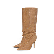 Gold and Silver Embellished Pointed Toe Knee High Boots-4