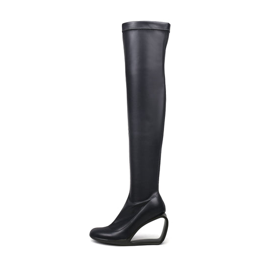 Hollow Wedge Black Knee High Boots-0