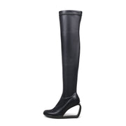 Hollow Wedge Black Knee High Boots-0