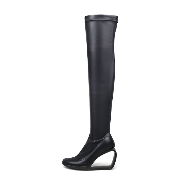 Hollow Wedge Black Knee High Boots-0