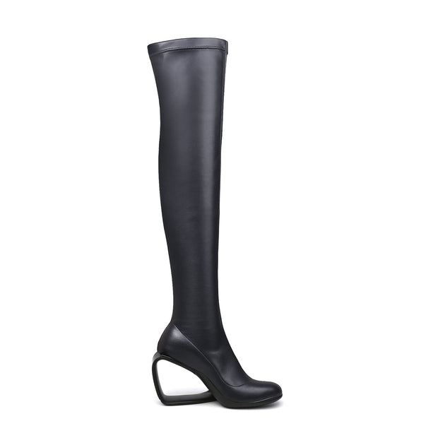 Hollow Wedge Black Knee High Boots-2