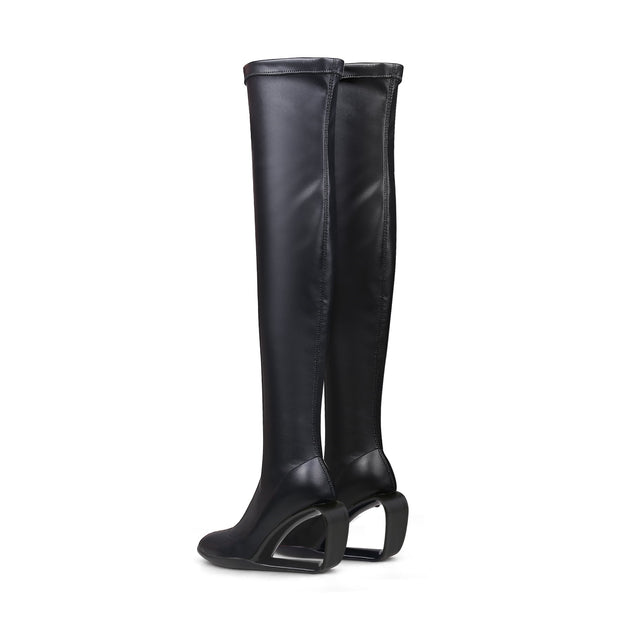 Hollow Wedge Black Knee High Boots-3