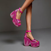 Hot Pink Rhinestone Open Toe Wedge Sandals-0