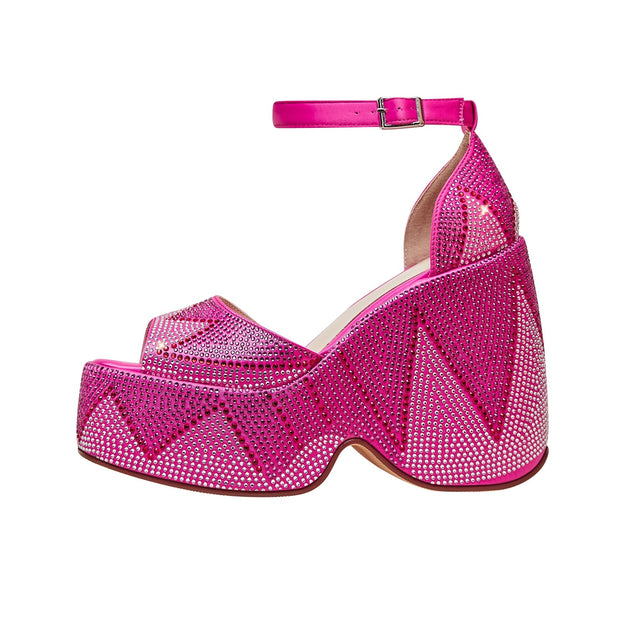 Hot Pink Rhinestone Open Toe Wedge Sandals-1