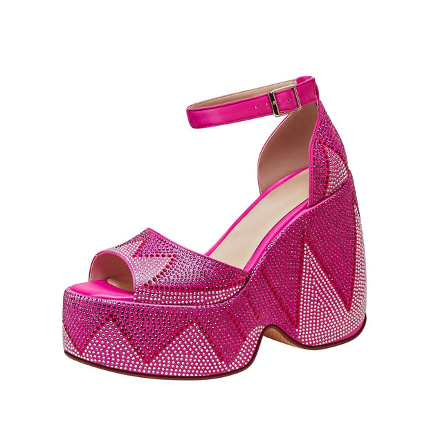 Hot Pink Rhinestone Open Toe Wedge Sandals-2