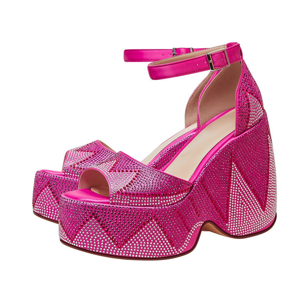 Hot Pink Rhinestone Open Toe Wedge Sandals-3