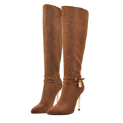 Lavish Brown Suede Pointed Toe Knee High Boots-3