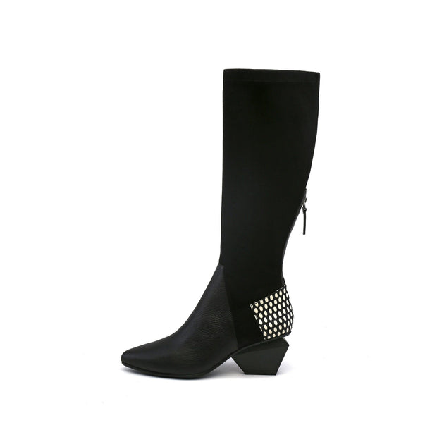 Leather Patchwork Slim Knee High Boots-5
