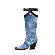 Light Blue Denim Chain Embellished Knee High Boots-0
