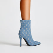 Light Blue Denim Distressed Dots Pointed Ankle Boots-1