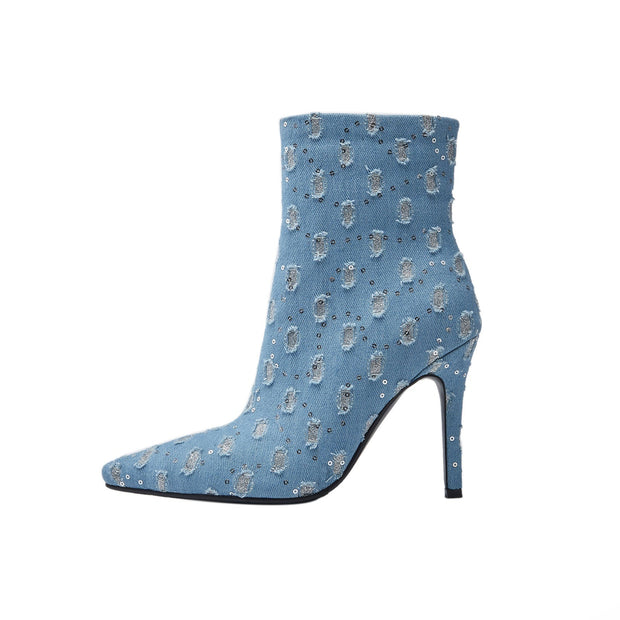 Light Blue Denim Distressed Dots Pointed Ankle Boots-0