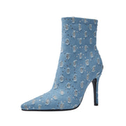Light Blue Denim Distressed Dots Pointed Ankle Boots-2
