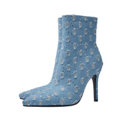 Light Blue Denim Distressed Dots Pointed Ankle Boots-3