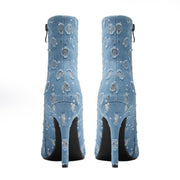 Light Blue Denim Distressed Dots Pointed Ankle Boots-4