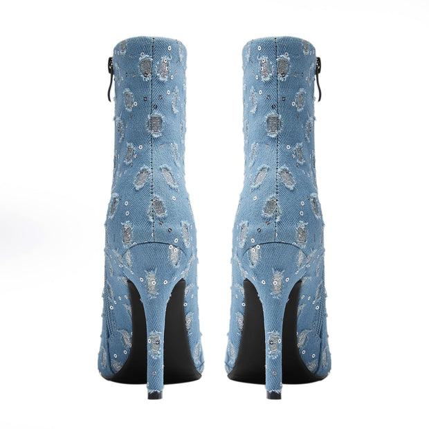 Light Blue Denim Distressed Dots Pointed Ankle Boots-4
